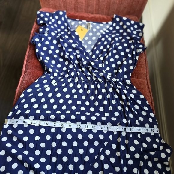 NWT Grecerelle V-Neck Faux Wrap Blue White Polka Dot Dress Ruffle Sleeve Sz. S - Picture 10 of 14